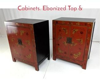 Lot 321 Pr Red Front Asian Style Cabinets. Ebonized Top 