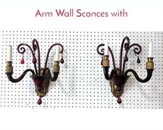 Lot 378 Pr Red Glass  Brass Double Arm Wall Sconces with