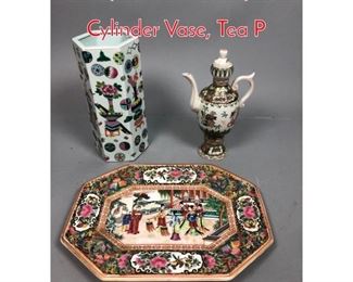 Lot 383 3pc Asian Pottery Incl. Tall Cylinder Vase, Tea P
