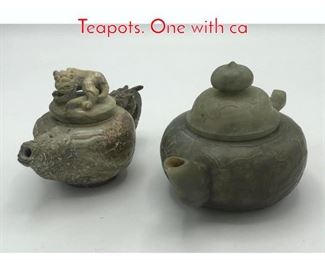 Lot 428 2 Chinese Asian Carved Stone Teapots. One with ca