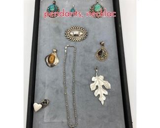 Lot 84 9pc Silver Jewelry. Mixed pins, pendants, necklac