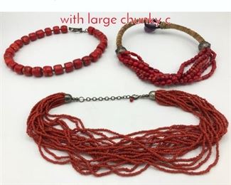 Lot 141 3pc Coral Bead Necklaces. One with large chunky c
