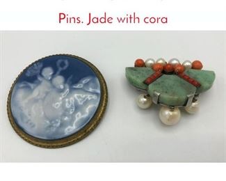 Lot 144 2pc Vintage Jewelry Brooches Pins. Jade with cora