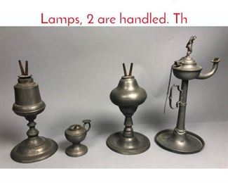 Lot 454 Set 4 Pewter Antique Oil Lamps, 2 are handled. Th