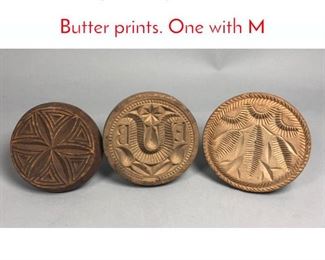 Lot 459 3pc Antique Carved Wood Butter prints. One with M