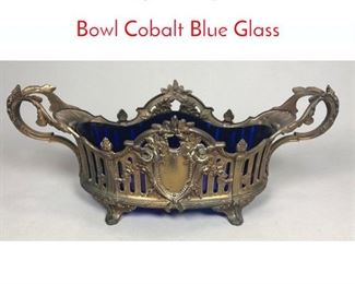 Lot 464 Vintage Fancy Metal Center Bowl Cobalt Blue Glass
