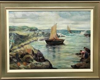 Ch.Kellner, "Normandy Beach, France", oil on canvas, circa 1934, 35  x  47 in. framed