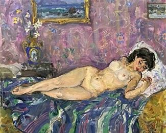 "Becca", Reclining Nude, Russian School oil on canvas signed, circa 1990, dimensions 29 x  37 in. framed