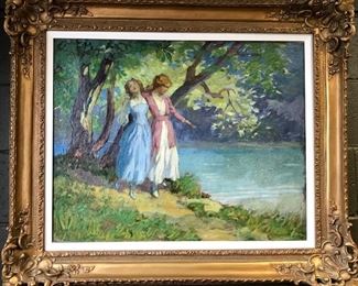 George Varian, oil on canvas, "Sisters", c. 1916, 34x40 in. framed.