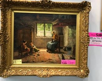 E. Pieters, "Dutch Interior", oil on canvas, c. 1900, 39x44 in. as framed