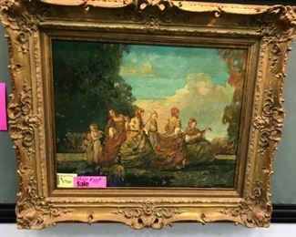 E.Caser, "Afternoon Serenade" oil on panel, c. 1920, 35x39 in. as framed