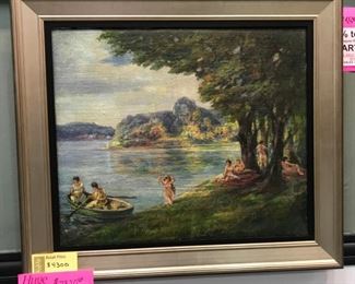 O. Erickson, oil on canvas, "The Picnic, c. 1915,  (22 x 26 in. canvas) 30 x 34 in. as  framed