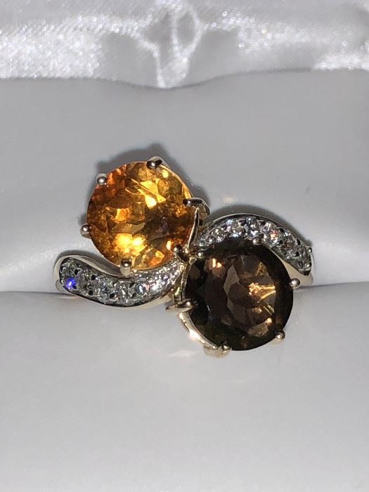Citrine & Smokey Quartz, both 8.0mm, 12 Brilliant Cut Diamonds .75ct 14kt gold size 7 retails $1,520 - selling for $585