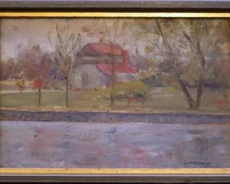 M-12: "Howard Park" South Bend, Indiana, 1905. Oil on Board. Signed lower right. Image size 9 x 6". Frame size 10 x 7". $650.00.