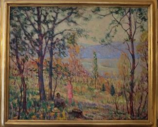 M-15: "Picnic in Autumn". Oil on Canvas. Signed lower left. Image size 32 x 26". Frame size 36.5 x 30.5". $2,650.00.