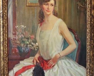M-21: Ilse Metz Portrait. Oil on Canvas. Signed lower left. Image size 35 x 47.25". Frame size 44 x 56". $3,250.00.