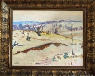 M-28: "Winter in Ann Arbor". Oil on Canvas. Signed lower left. Image size 16 x 13". Frame size 22 x 18.5". $1,150.00.