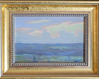 M-36: "Clouds at Sunset" 1908. Oil on Board. Signed lower left. Image size 9 x 6". Frame size 11.75 x 9.75". $700.00.