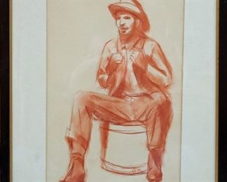 M-40: Seated Man, April 1919. Sketch on Paper, in Red. Initialed in Sketch. Image size 9 x 13.5". Frame size 15 x 17". $450.00.