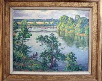 M-46: "Summer Day - Belle Isle Bridge" Detroit, Michigan.  Oil on Canvas. Signed lower left. Image size 22 x 18". Frame size 25 x 29". $1,750.00.