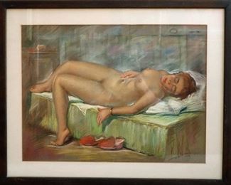 M-49: "Nude with Orange Slippers". Pastel on Paper. Signed lower right. Image size 24 x 18". Frame size 30 x 24". $850.00.
