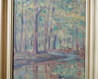 M-76: "Forest in Autumn" Oregon, Illinois. Oil on Board. Signed lower right. Image size 6 x 9". Frame size 7.75 x 10.75". $550.00.