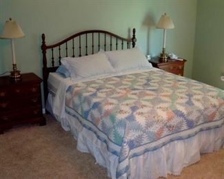 Jamestown Sterling queen bed  two cherry night stands and pair lamps.