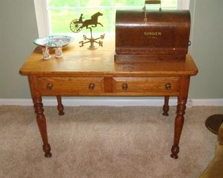 Antique oak desk/table, antique portable Singer sewing machine, Majolica bowl and etc.
