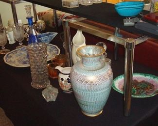 Large Stangl vase, fostoria vase, majolica, Buffalo pitcher and other items.