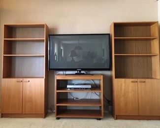 2 of 3 matching Teak Hutch/Bookcases w/ Teak Media Cabinet on Castors (33.5W x 30.5H x 17.5D)                         . 