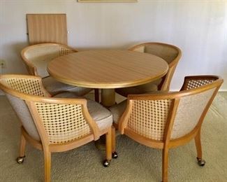 Oak Pedestal Table w/ Leaf; (4) Cane Armchairs on Castors