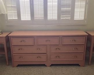 Pink Painted Wood Triple Dresser; (2) Pink Painted Mahogany Nightstand