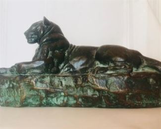 11" x 5.5" x 4" Bronze Large Wild Cat Sculpture, signed Barye