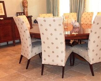 Fabulous RHO Italian Inlaid Dining Room Table (client paid $15K), set of 10 Hickory White Parsons Dining Chairs and RHO Italian Inlaid Sideboard (client paid $10K)