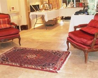Pr. Fabulous Bergere Chairs w/ gorgeous Upholstery (most likely Baker), Nice Made in Iran Rug