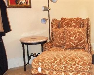 Wonderful Oversized Bergere Chair w/ Ottoman, Maitland Smith Side Table