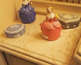 Wedgwood Boxes and Figural Limoges Lady Powder Jars