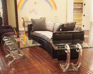 Great Modern Suite inc. Lucite and Glass Coffee and Side Table, $6K Retail Modern Leather Sofa and more