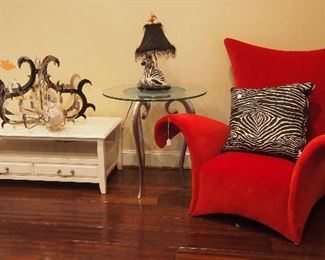 Great Modern Chair, Metal Side Table and Chandelier