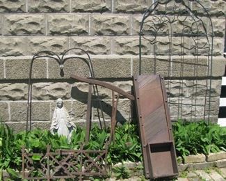 Iron pieces, slaw cutter, saw and Mary