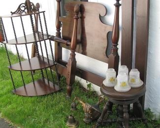 What not shelf, vintage twin bed, neat light, piano bench