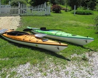 Current designs Kestrel Kayaks. They are approx. 10 years old, in great condition. 12.5 ' long, 32 pounds, composite construction. Great for touring