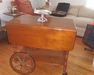Cir 1960's Maple Ethan Allen Tea Cart in Great Condition. Victorian Silver Plate Server 