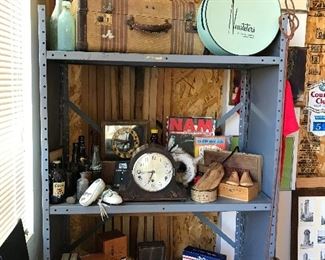 Wonderful quality vintage collectables. Suitcase from the 1930's, old Colorado fine clothing store hat box, vintage mantel clock