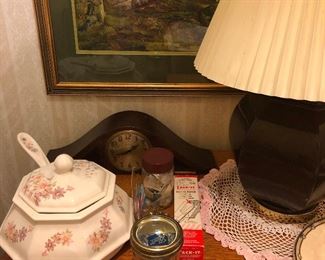 Vintage Soup Tureen, Table Lamp, Antique Napoleon Clock, Crocheted Doillie and More!