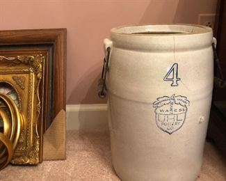 Antique Crock with Handles UHL Pottery #4 and a just a glimpse of the Many, Many Picture Frames in this Estate