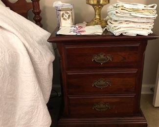 3 Drawer Night Stand, Linens and Antique Brass Oil Lamp