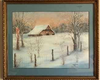 Beautifully Framed Winter Barn Scene by Bonnie Overstreet, with Double Signature 1980 (#126/1000)