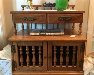 Lovely Mid-Century Cabinet designed by the C B Atkins Company features Turned Spindle Doors and 2 Drawer Display and Storage Top plus Collectibles!