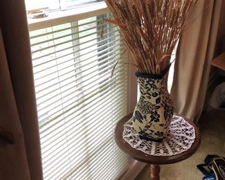 Antique Plant Stand, Crocheted Doillie, and Beautiful Portuguese Hand Painted Vase